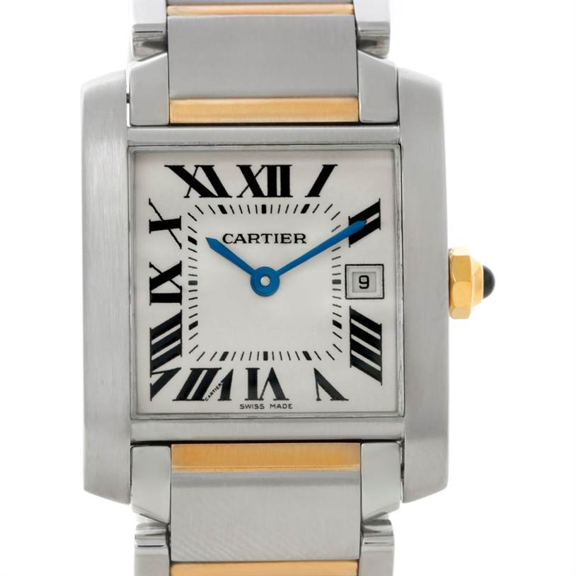 The image displays a front view of a Cartier Tank Francaise W51012Q4 Women's Steel and Gold (two tone) Silver Dial W51012Q4 Women's Steel and Gold (two tone) Silver Dial watch, showing its face, bracelet, and crown.