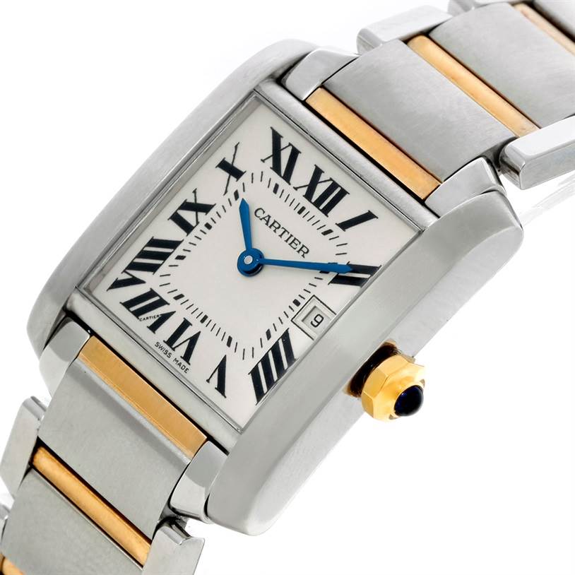 The image shows a close-up angle of the Cartier Tank Francaise W51012Q4 Women's Steel and Gold (two tone) Silver Dial W51012Q4 Women's Steel and Gold (two tone) Silver Dial watch, highlighting the face, Roman numerals, and part of the bracelet.