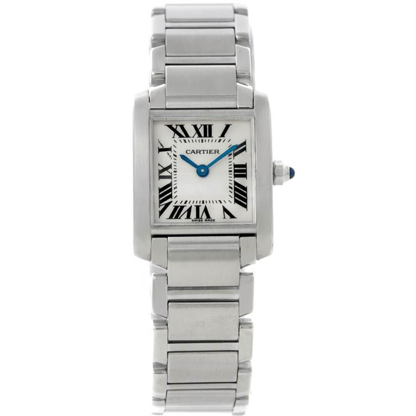 The image shows a front view of a Cartier Tank Francaise W51008Q3 Women's Stainless Steel Silver Dial W51008Q3 Women's Stainless Steel Silver Dial watch featuring its face, bezel, and bracelet.