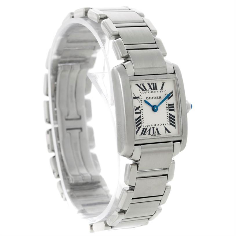The image shows a Cartier Tank Francaise W51008Q3 Women's Stainless Steel Silver Dial W51008Q3 Women's Stainless Steel Silver Dial watch, angled to display the face, bezel, and part of the bracelet.