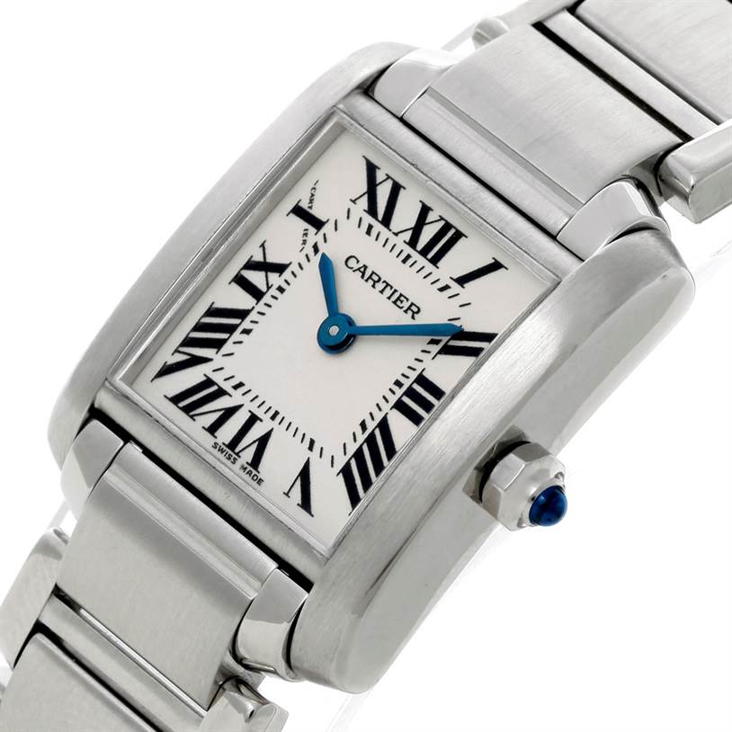 This image shows a close-up, angled view of a Cartier Tank Francaise W51008Q3 Women's Stainless Steel Silver Dial W51008Q3 Women's Stainless Steel Silver Dial watch, highlighting its face, bezel, and part of its bracelet.