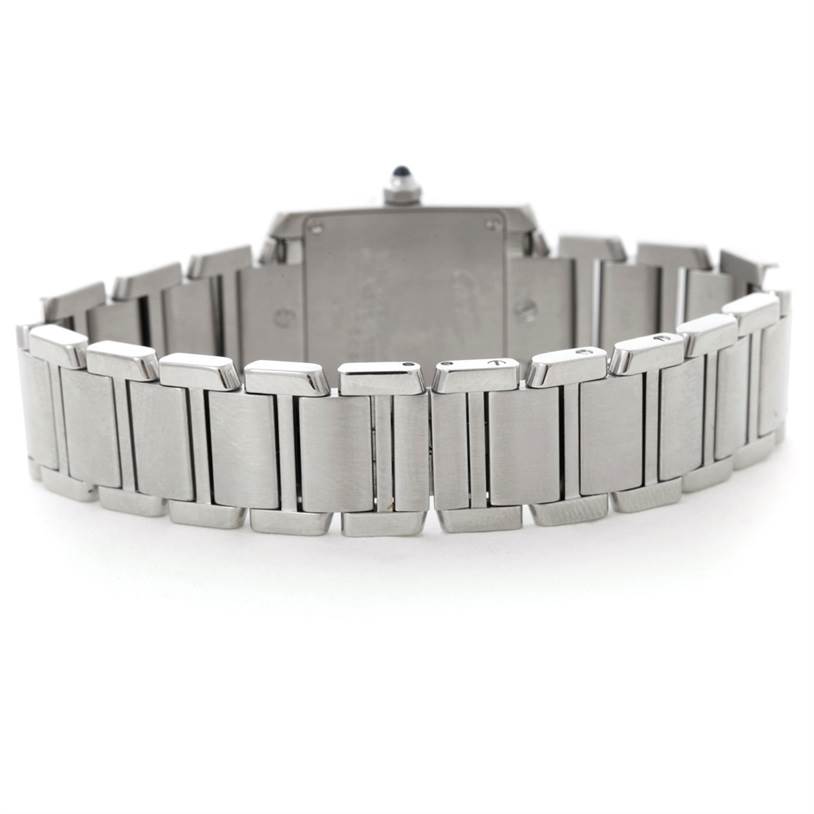 This image shows the back and bracelet of a Cartier Tank Francaise W51008Q3 Women's Stainless Steel Silver Dial W51008Q3 Women's Stainless Steel Silver Dial watch from a rear angle.