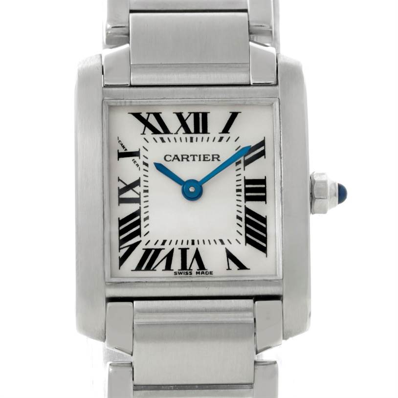 This image shows a frontal view of the Cartier Tank Francaise W51008Q3 Women's Stainless Steel Silver Dial W51008Q3 Women's Stainless Steel Silver Dial watch, highlighting the case, dial, hands, and part of the bracelet.