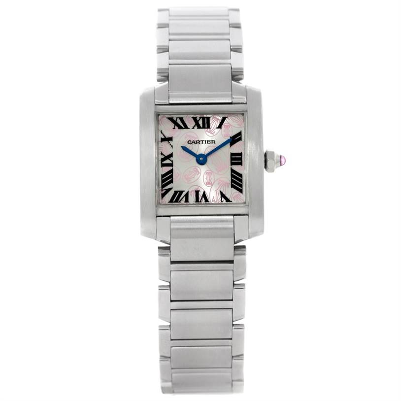 The Cartier Tank Francaise W51031Q3 Women's Stainless Steel Silver Dial W51031Q3 Women's Stainless Steel Silver Dial watch is shown from a front angle, displaying its full face, bracelet, and crown.