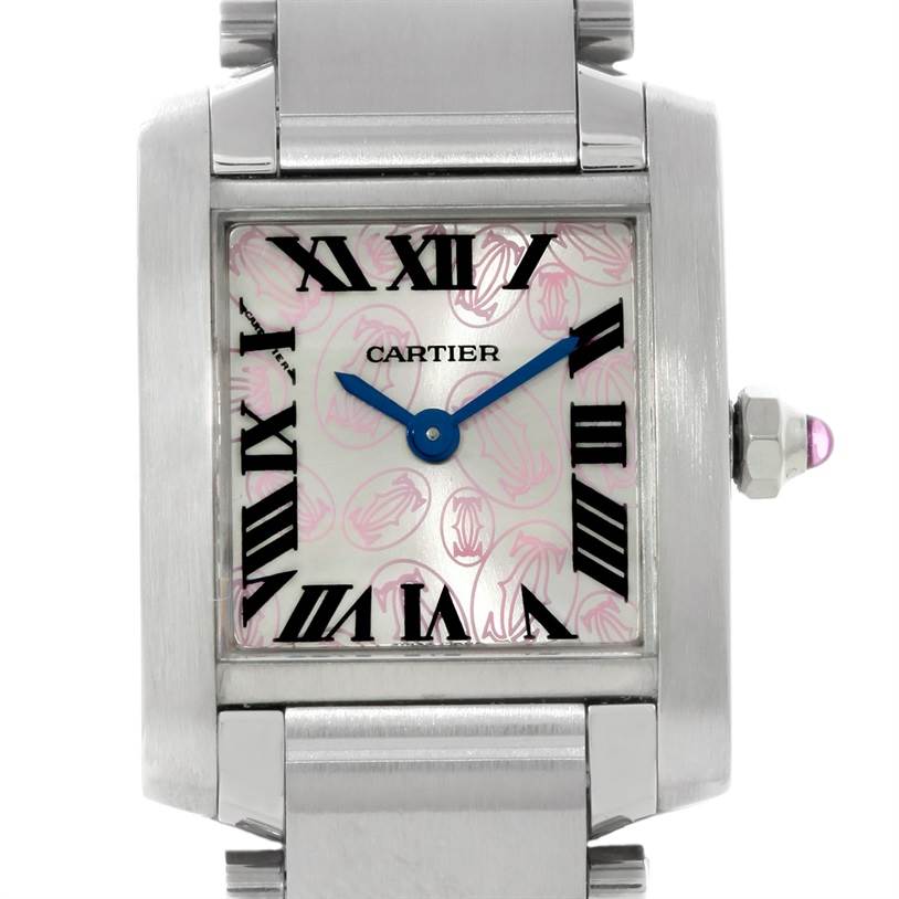 The image shows a close-up of the dial and part of the case and bracelet of a Cartier Tank Francaise W51031Q3 Women's Stainless Steel Silver Dial W51031Q3 Women's Stainless Steel Silver Dial watch.