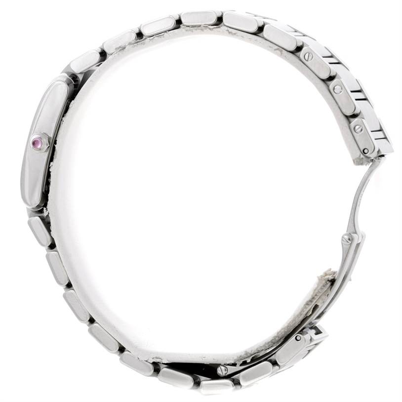 The image shows a Cartier Tank Française watch from a side view, highlighting its metal bracelet and side profile.