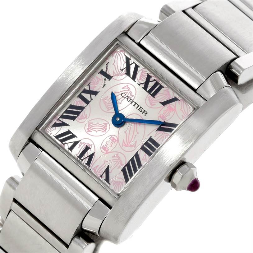 The image shows a Cartier Tank Francaise W51031Q3 Women's Stainless Steel Silver Dial W51031Q3 Women's Stainless Steel Silver Dial watch, emphasizing its square face, metal bracelet, and crown with a gem.