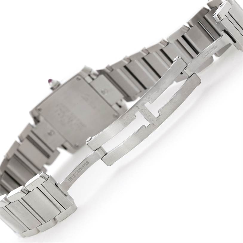 The image shows the back and bracelet deployment clasp of the Cartier Tank Francaise W51031Q3 Women's Stainless Steel Silver Dial W51031Q3 Women's Stainless Steel Silver Dial watch.