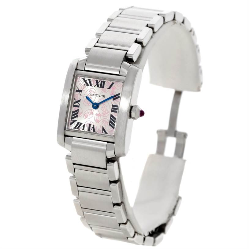 The image shows a Cartier Tank Francaise W51031Q3 Women's Stainless Steel Silver Dial W51031Q3 Women's Stainless Steel Silver Dial watch at an oblique angle, highlighting its rectangular dial, metal bracelet, and crown with a gemstone.