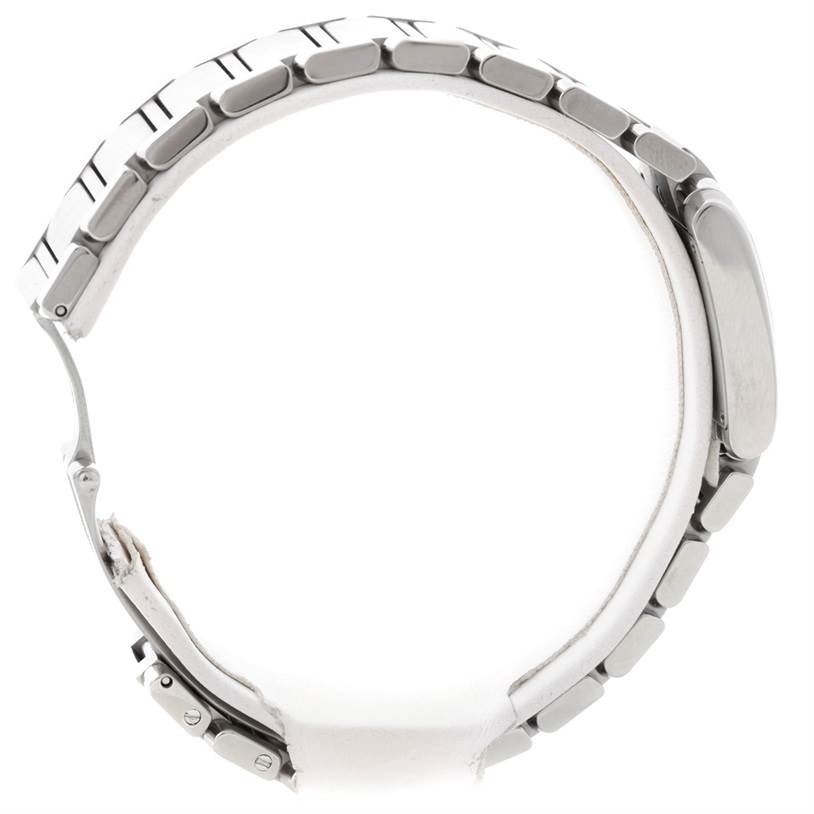 The image shows a side profile of the Cartier Tank Francaise W51031Q3 Women's Stainless Steel Silver Dial W51031Q3 Women's Stainless Steel Silver Dial watch, highlighting its metal bracelet and clasp.