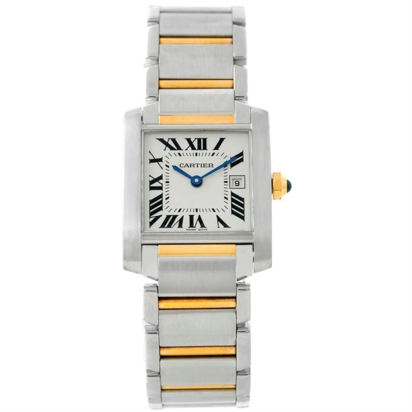 This image shows a frontal view of the Cartier Tank Francaise W51012Q4 Women's Steel and Gold (two tone) Silver Dial W51012Q4 Women's Steel and Gold (two tone) Silver Dial watch, highlighting its face, bracelet, and crown.