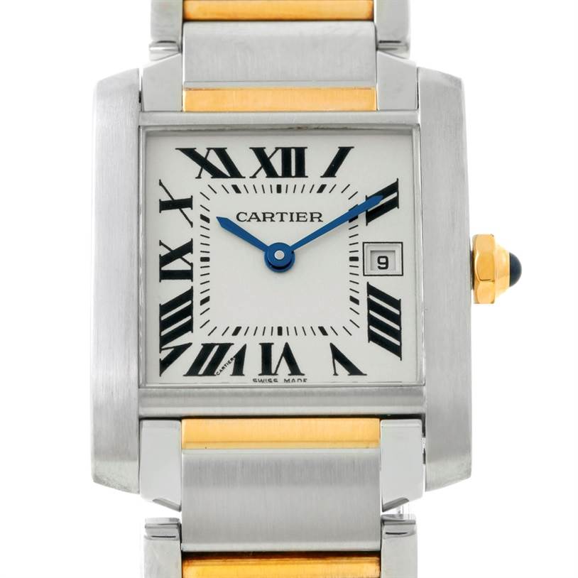 The image shows a front view of the Cartier Tank Francaise W51012Q4 Women's Steel and Gold (two tone) Silver Dial W51012Q4 Women's Steel and Gold (two tone) Silver Dial watch, highlighting its face, bezel, and part of the bracelet.