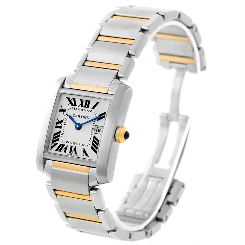 The image shows a Tank Francaise model by Cartier from an angle highlighting its face, bracelet, and clasp.