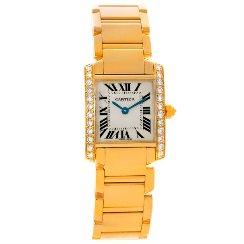 The Cartier Tank Française watch is shown from a front view, displaying its rectangular diamond-encrusted case, bracelet, and dial.
