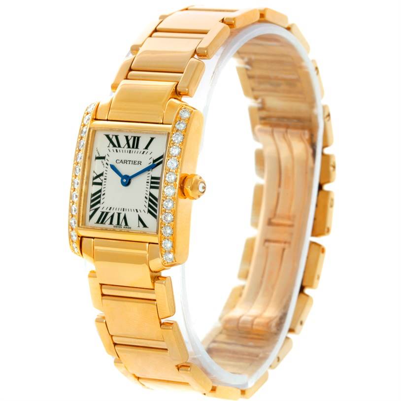 The image displays a Cartier Tank Française watch at a slight angle, showcasing its face, bracelet, and diamond detailing.