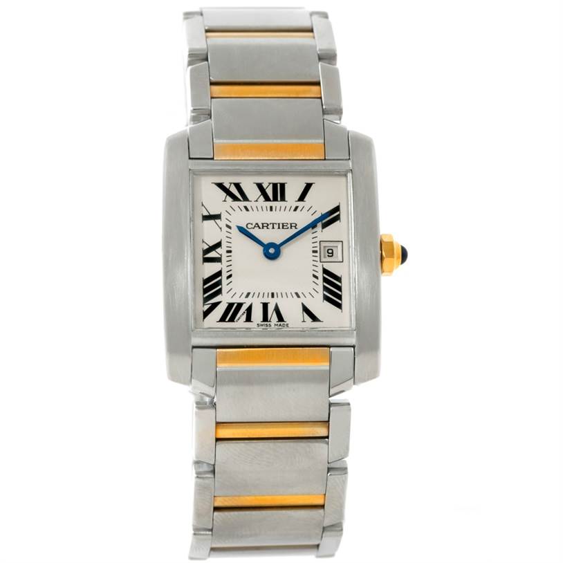 The Cartier Tank Francaise W51012Q4 Women's Steel and Gold (two tone) Silver Dial W51012Q4 Women's Steel and Gold (two tone) Silver Dial watch is shown from the front, displaying its face, bracelet, and crown.