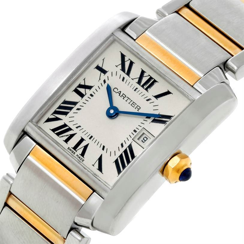 This image shows a close-up view of the Cartier Tank Francaise W51012Q4 Women's Steel and Gold (two tone) Silver Dial W51012Q4 Women's Steel and Gold (two tone) Silver Dial watch, highlighting its rectangular dial, Roman numerals, and bracelet.