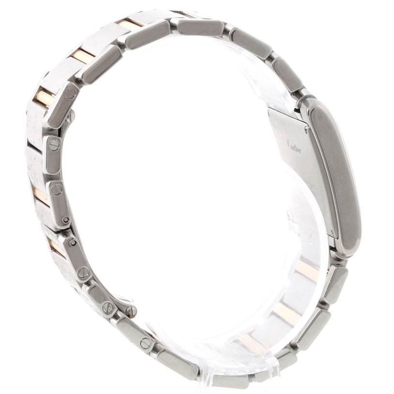 The image shows the side view of the bracelet and clasp of a Tank Francaise watch by Cartier.