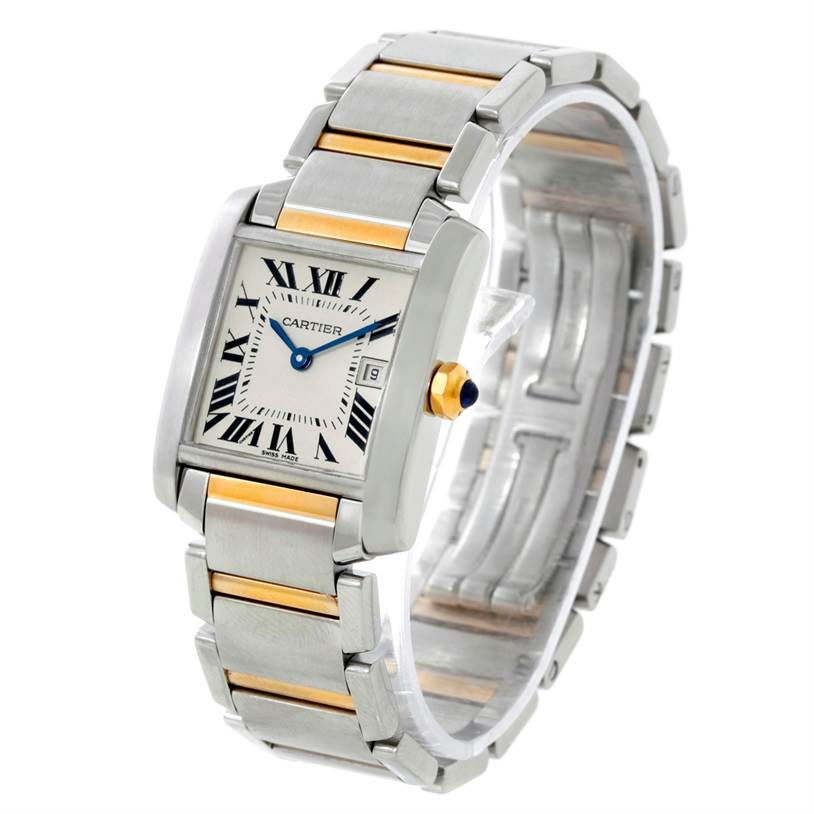The Cartier Tank Francaise W51012Q4 Women's Steel and Gold (two tone) Silver Dial W51012Q4 Women's Steel and Gold (two tone) Silver Dial watch is shown at a front angle, displaying its face, bracelet, and date window.