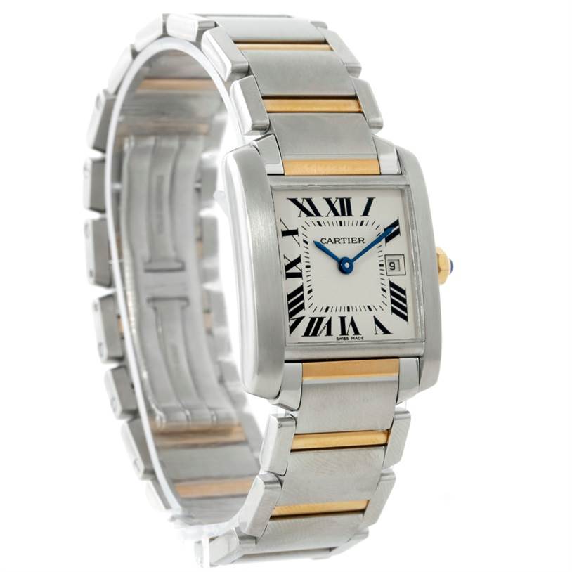 The image shows a Tank Française watch by Cartier, focusing on its face, bracelet, and side profile at a three-quarter angle.