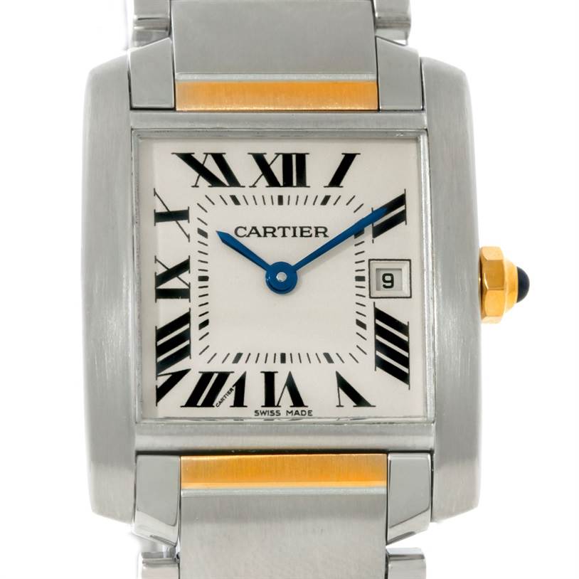 The image shows a front view of a Cartier Tank Francaise W51012Q4 Women's Steel and Gold (two tone) Silver Dial W51012Q4 Women's Steel and Gold (two tone) Silver Dial watch, displaying the face, bezel, crown, and part of the bracelet.