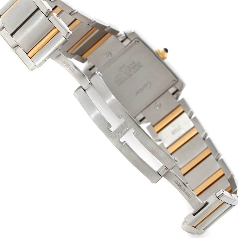 This image shows the back and part of the bracelet of a Cartier Tank Francaise W51012Q4 Women's Steel and Gold (two tone) Silver Dial W51012Q4 Women's Steel and Gold (two tone) Silver Dial watch, including the clasp and two-tone links.
