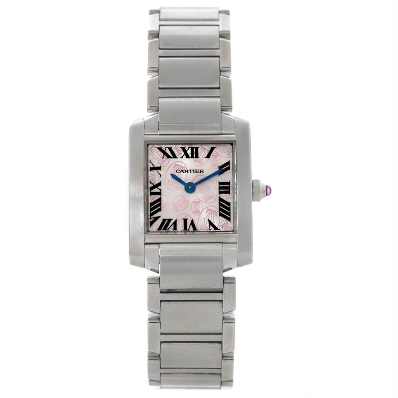 This Cartier Tank Francaise W51031Q3 Women's Stainless Steel Silver Dial W51031Q3 Women's Stainless Steel Silver Dial watch is shown from a top-down angle, highlighting the face, bezel, and metal bracelet.