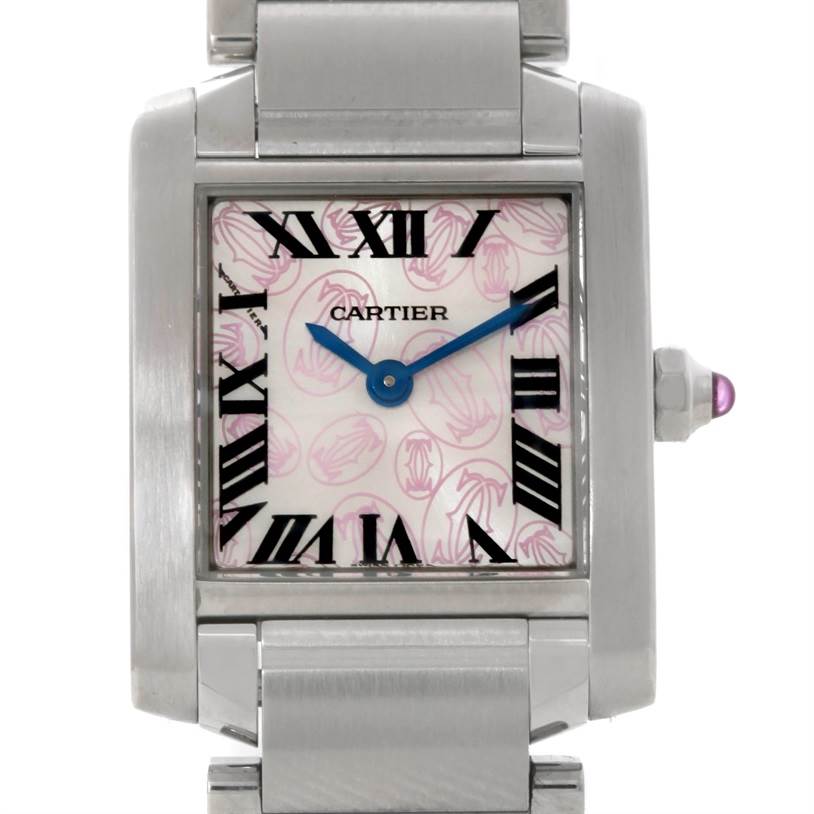 The image shows a close-up, front view of the Cartier Tank Francaise W51031Q3 Women's Stainless Steel Silver Dial W51031Q3 Women's Stainless Steel Silver Dial watch, highlighting its dial and part of its bracelet.