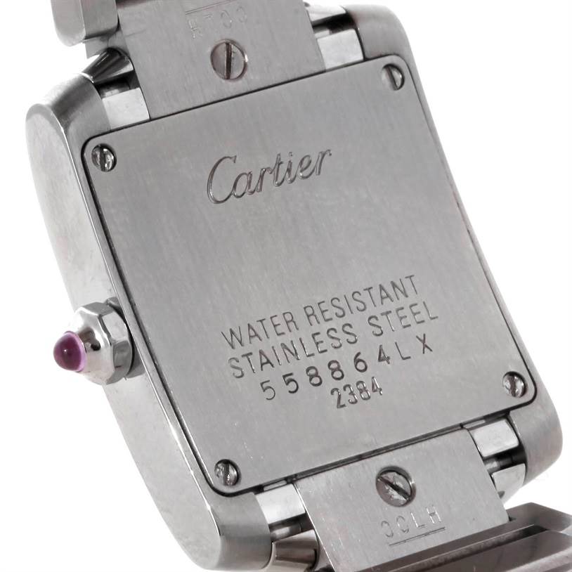 The image shows the back case of a Cartier Tank Francaise W51031Q3 Women's Stainless Steel Silver Dial W51031Q3 Women's Stainless Steel Silver Dial watch, highlighting the water resistance and stainless steel construction.