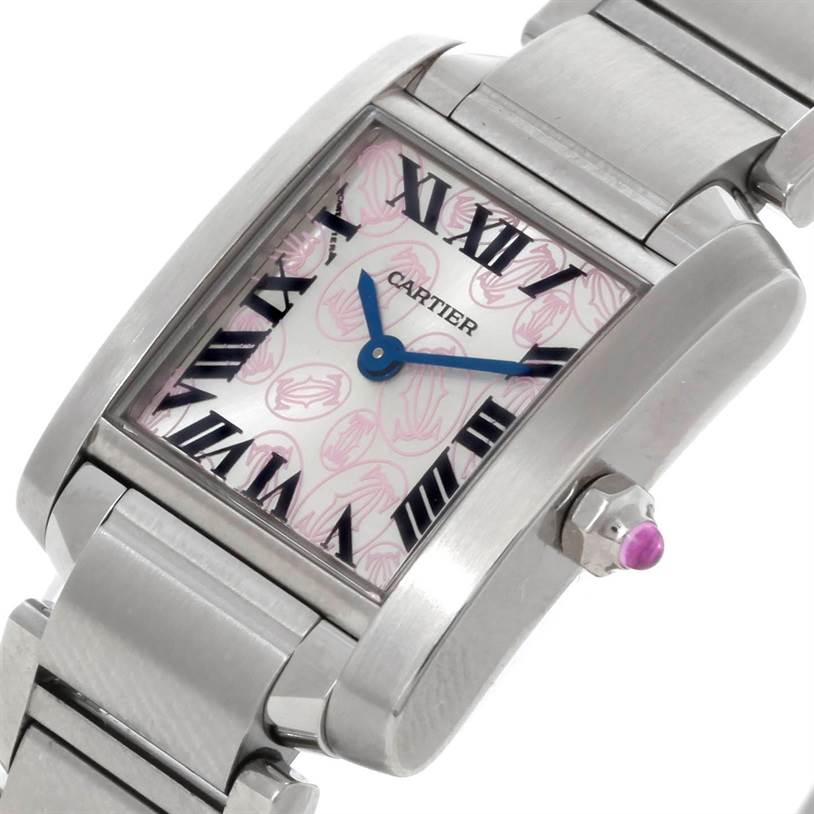 The image shows a close-up angle of the face and part of the bracelet of a Cartier Tank Française watch, emphasizing its dial and crown.