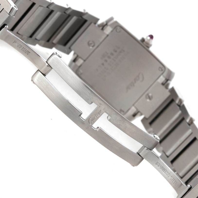 The image shows the clasp, stainless steel bracelet, and the case back of the Cartier Tank Francaise W51031Q3 Women's Stainless Steel Silver Dial W51031Q3 Women's Stainless Steel Silver Dial watch.