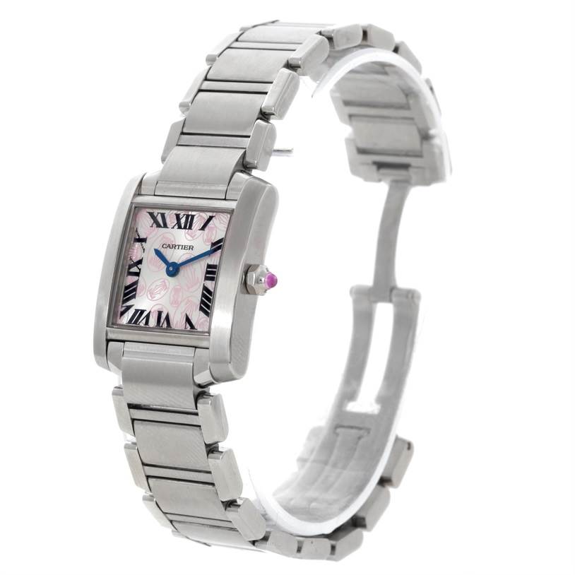 The Cartier Tank Francaise W51031Q3 Women's Stainless Steel Silver Dial W51031Q3 Women's Stainless Steel Silver Dial watch is shown at a 3/4 angle, highlighting the rectangular face and metal bracelet.