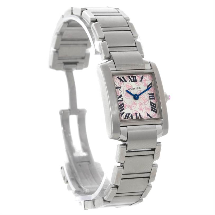The image shows a Cartier Tank Francaise W51031Q3 Women's Stainless Steel Silver Dial W51031Q3 Women's Stainless Steel Silver Dial watch, angled to display its bracelet, case, dial, and partially open clasp.