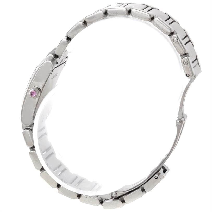 The image shows a side view of the Cartier Tank Francaise W51031Q3 Women's Stainless Steel Silver Dial W51031Q3 Women's Stainless Steel Silver Dial watch, focusing on the metal bracelet and the crown with a gem.