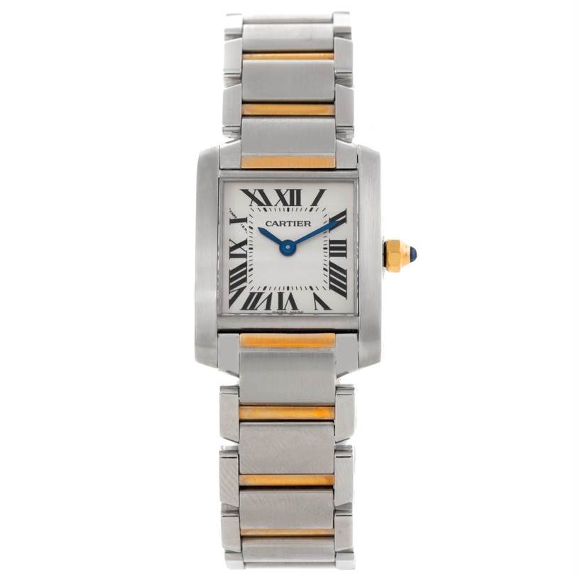 This Cartier Tank Francaise W51007Q4 Women's Steel and Gold (two tone) Silver Dial W51007Q4 Women's Steel and Gold (two tone) Silver Dial watch is shown from a straight-on angle, displaying the face, bezel, and bracelet.