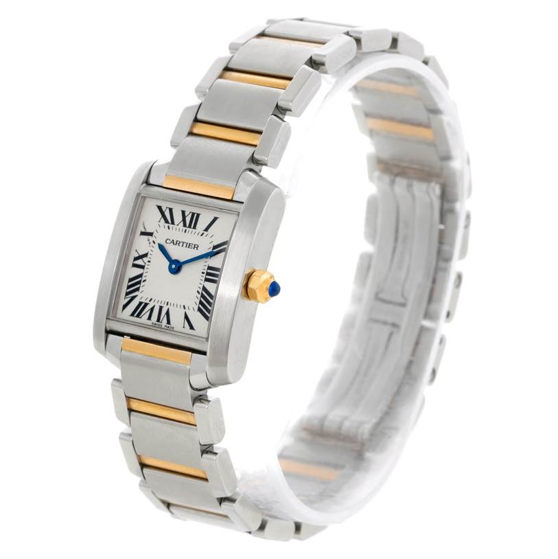 The Cartier Tank Francaise W51007Q4 Women's Steel and Gold (two tone) Silver Dial W51007Q4 Women's Steel and Gold (two tone) Silver Dial watch is shown at an angled view, highlighting its rectangular face, Roman numerals, and two-tone bracelet.