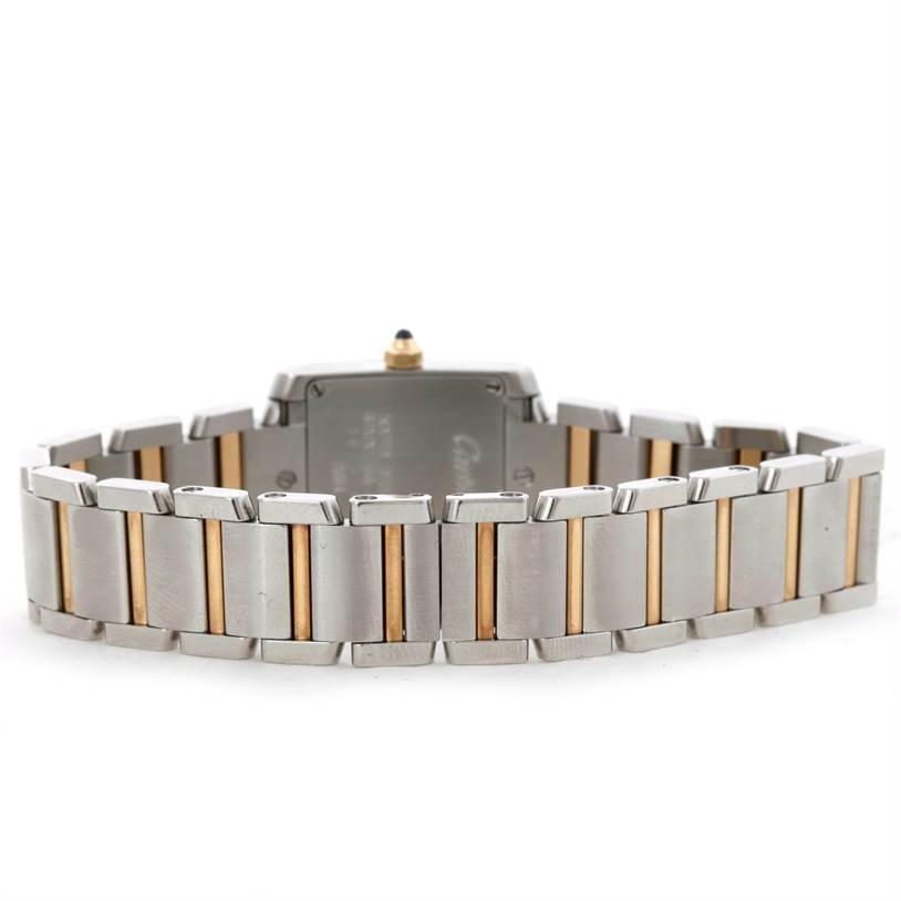 This image shows the back view of a Cartier Tank Francaise W51007Q4 Women's Steel and Gold (two tone) Silver Dial W51007Q4 Women's Steel and Gold (two tone) Silver Dial watch, highlighting its two-tone metal bracelet.