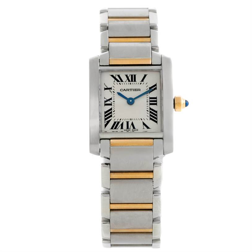 The Cartier Tank Francaise W51007Q4 Women's Steel and Gold (two tone) Silver Dial W51007Q4 Women's Steel and Gold (two tone) Silver Dial watch is shown from a front angle, highlighting its rectangular face and two-tone metal bracelet.