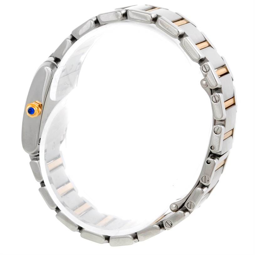 The image shows a side view of the Cartier Tank Francaise W51007Q4 Women's Steel and Gold (two tone) Silver Dial W51007Q4 Women's Steel and Gold (two tone) Silver Dial watch, highlighting its bracelet and crown.