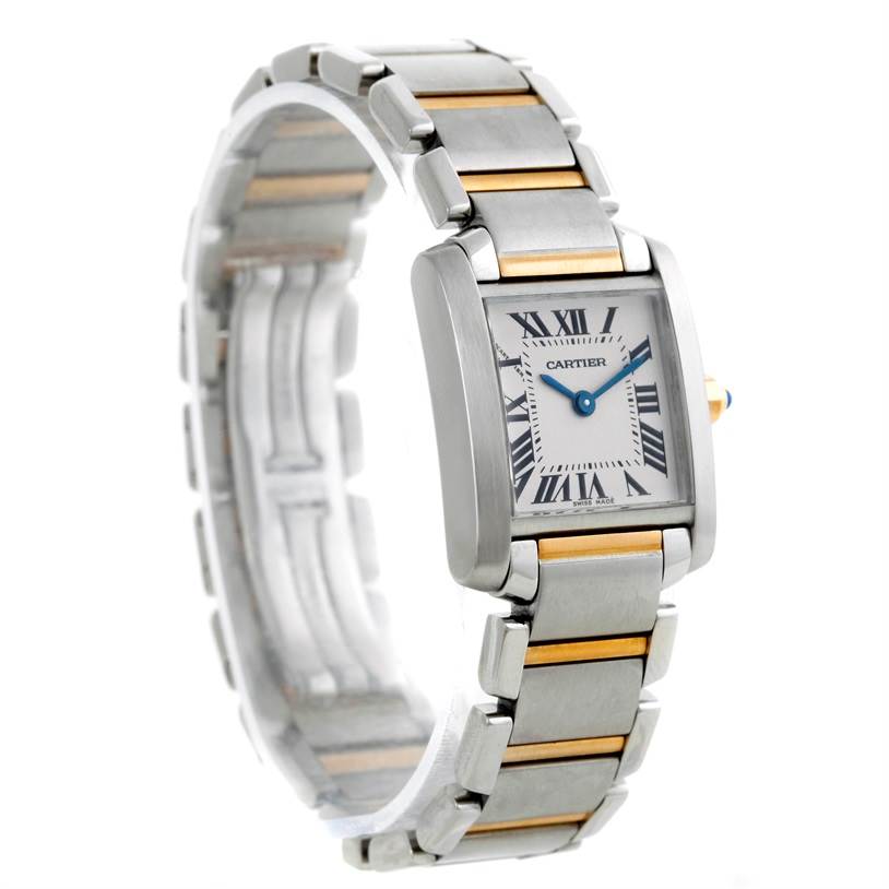 The Cartier Tank Francaise W51007Q4 Women's Steel and Gold (two tone) Silver Dial W51007Q4 Women's Steel and Gold (two tone) Silver Dial watch is shown at a slight angle, displaying its rectangular face, Roman numeral dial, and metal bracelet.