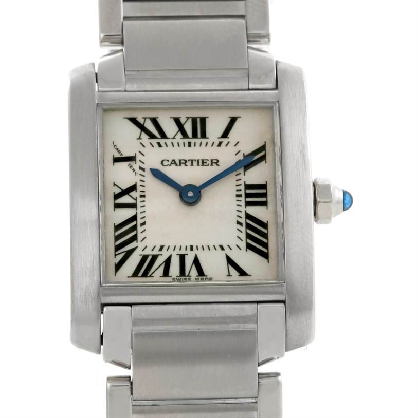 The image shows a front view of the Cartier Tank Française watch, displaying the dial and part of the metal bracelet.