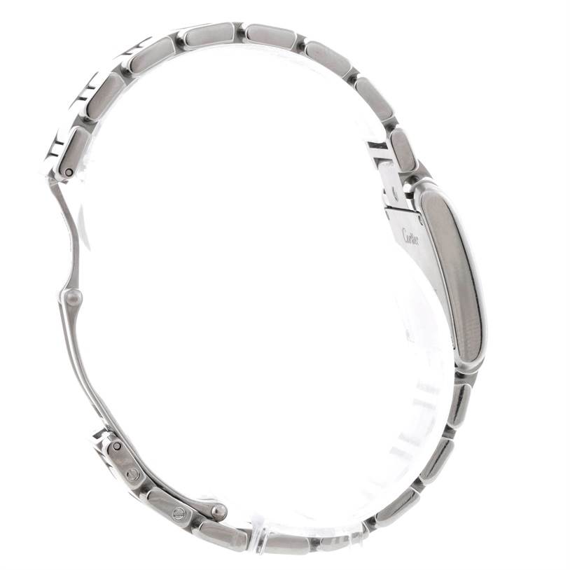 The image shows a side view of the Cartier Tank Française watch, focusing on the side profile and bracelet links.