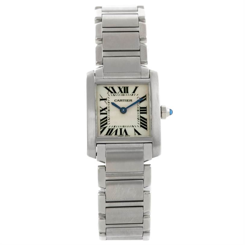 The image shows a front view of the Cartier Tank Francaise W51008Q3 Women's Stainless Steel Silver Dial W51008Q3 Women's Stainless Steel Silver Dial watch, displaying its face, bracelet, and crown.