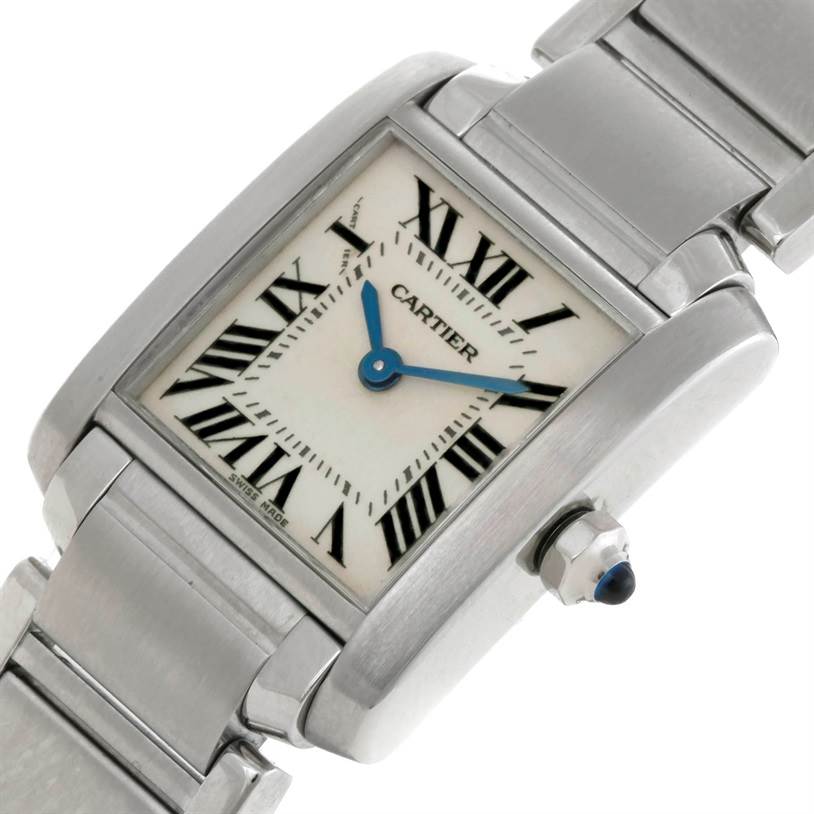 The image shows a close-up of a Cartier Tank Francaise W51008Q3 Women's Stainless Steel Silver Dial W51008Q3 Women's Stainless Steel Silver Dial watch face, including the dial, case, and part of the bracelet.