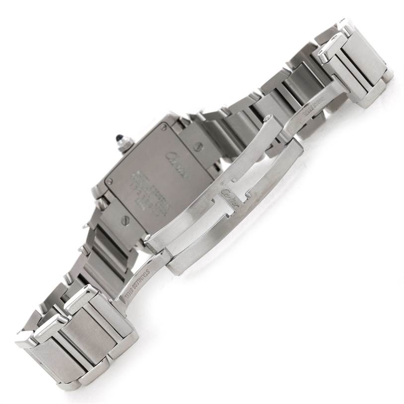 This image shows the back view of a Cartier Tank Francaise W51008Q3 Women's Stainless Steel Silver Dial W51008Q3 Women's Stainless Steel Silver Dial watch, highlighting the bracelet and clasp.