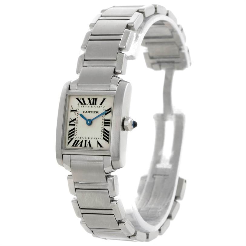 The image shows a side angle view of a Cartier Tank Francaise W51008Q3 Women's Stainless Steel Silver Dial W51008Q3 Women's Stainless Steel Silver Dial watch, displaying the face, bracelet, and crown.