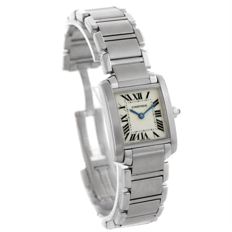 The image shows a Cartier Tank Francaise W51008Q3 Women's Stainless Steel Silver Dial W51008Q3 Women's Stainless Steel Silver Dial watch with a steel bracelet, viewed at an angle displaying the face and part of the band.