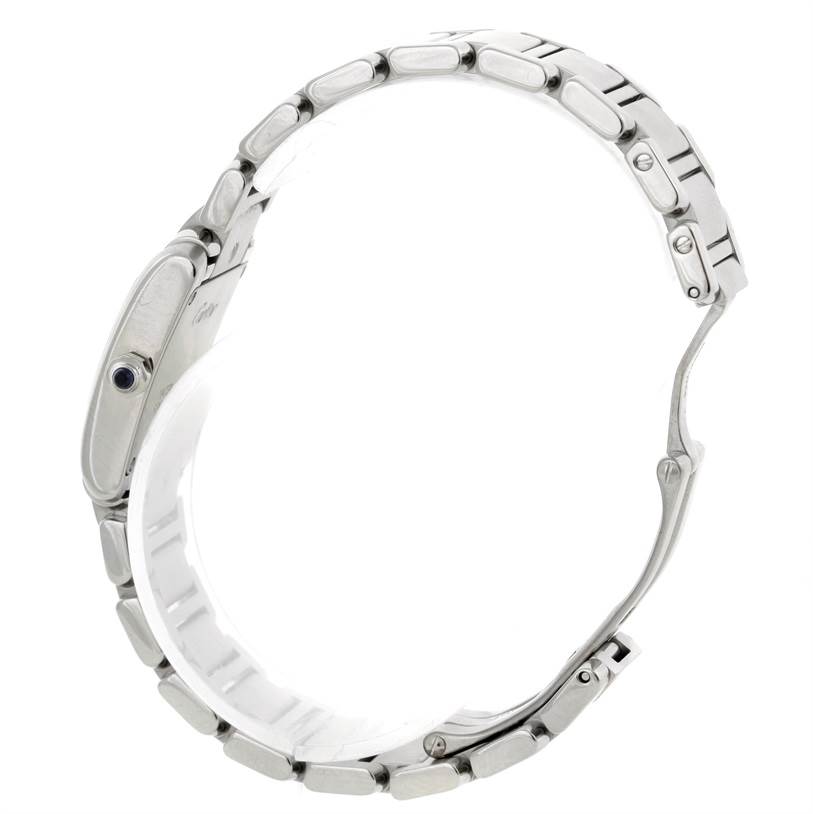 This image shows the side view of a Tank Francaise watch by Cartier, highlighting its metal bracelet and side profile.