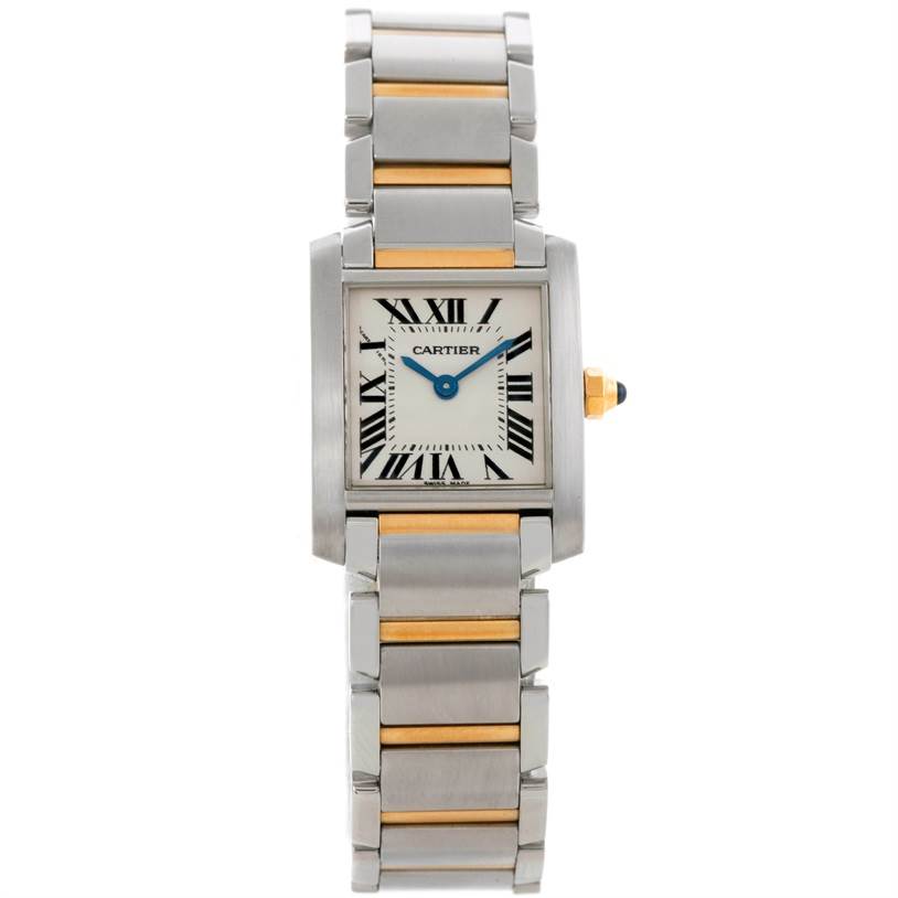 This image shows a full-frontal view of the Cartier Tank Francaise W51007Q4 Women's Steel and Gold (two tone) Silver Dial W51007Q4 Women's Steel and Gold (two tone) Silver Dial watch, including its face, bracelet, and crown.