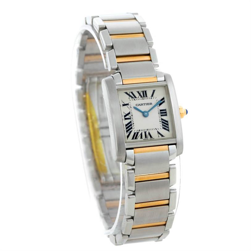 This image shows a Cartier Tank Francaise W51007Q4 Women's Steel and Gold (two tone) Silver Dial W51007Q4 Women's Steel and Gold (two tone) Silver Dial watch at a 3/4 angle displaying the face, dial, and bracelet.